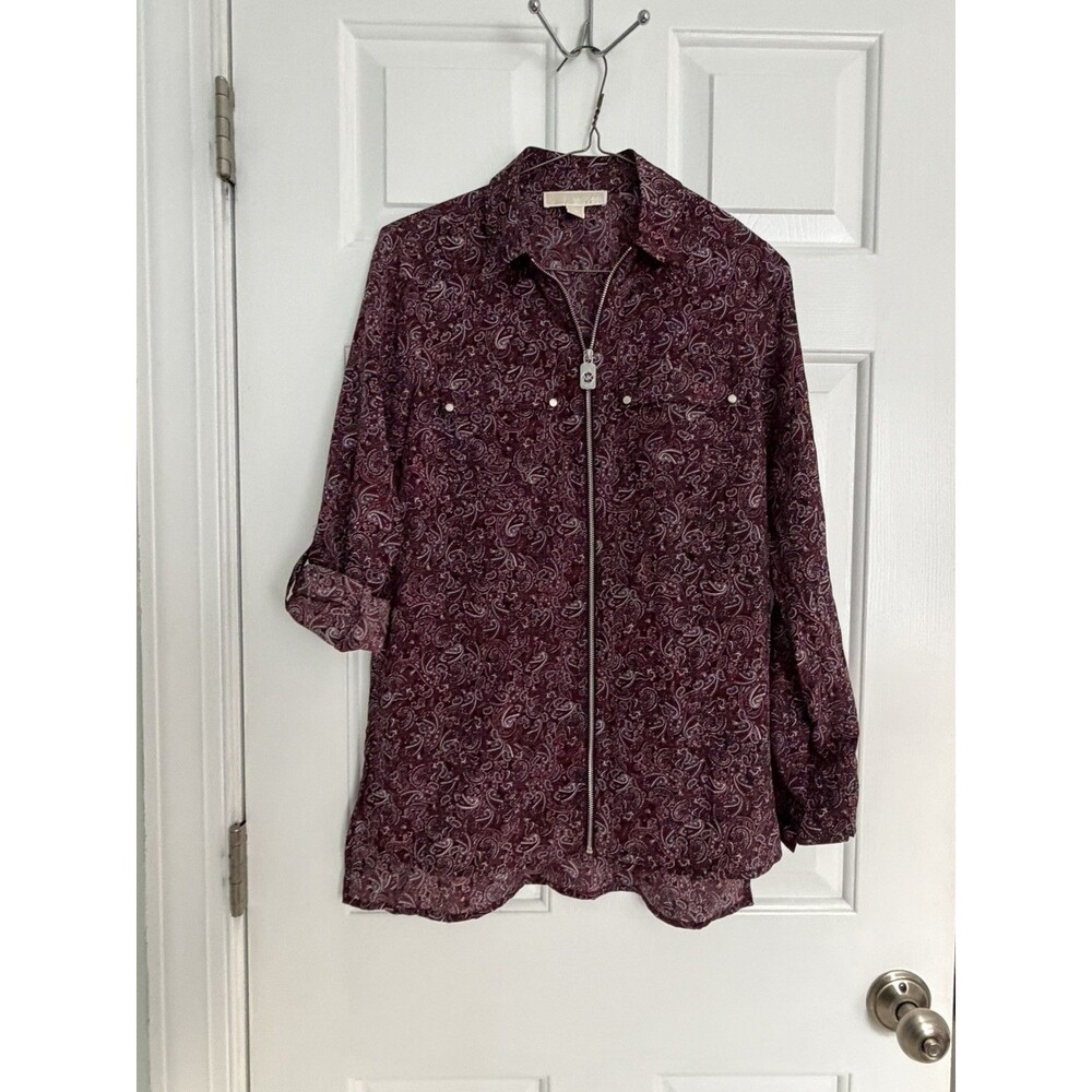 Michael Kors Paisley Blouse Roll-Tab Sleeve Black Magenta Zip  Women's XS